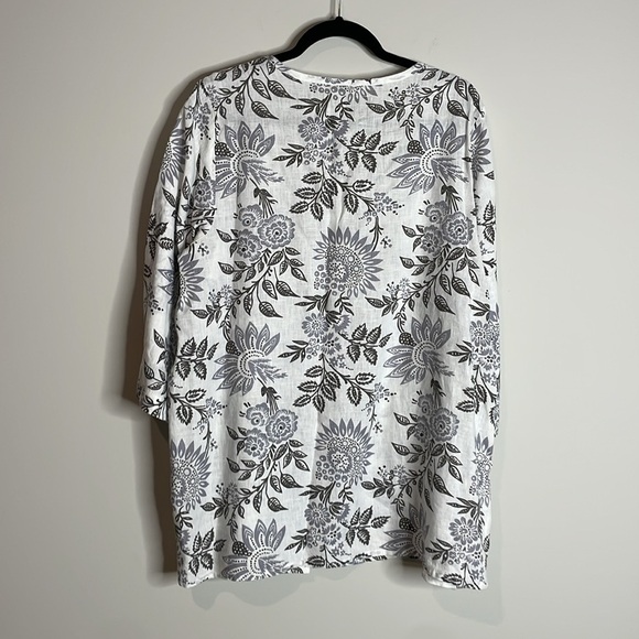 FLAX | Women’s Grey 100% Linen Floral Top Size Medium 3/4 Sleeve - Picture 5 of 6